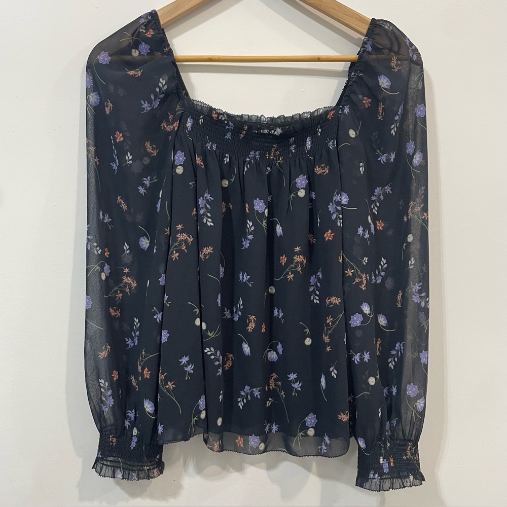 Aritzia Wilfred Black Floral Square Neck Summer Long Sleeve Blouse Size S